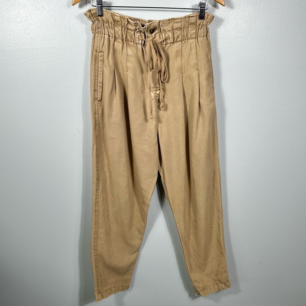 Free People Tan Margate Drawstring Baggy Pleated Trouser Pants Size Small Chic